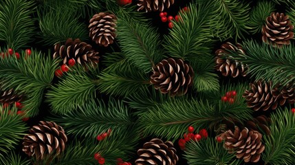 Christmas background by generating an overhead shot of spruce and thuja branches, accentuated with cones, to convey the joyous spirit of the holiday season. SEAMLESS PATTERN. SEAMLESS WALLPAPER.