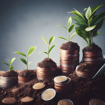 Investment Concept, Coins With Plant Growing From Pile Of Coins.