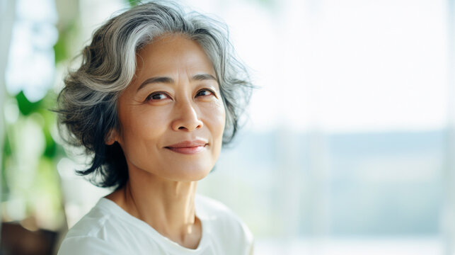 Portrait of a middle age Asian woman smiling against a light background. Female in her 40s, 50s.