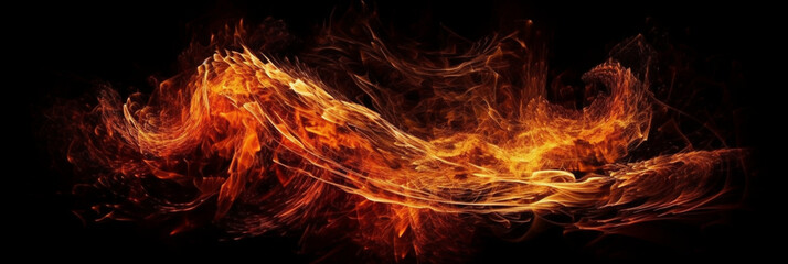 Burning fire on a black background, intense and dynamic image. flames transmit heat and power in a compelling contrast with the surrounding darkness.