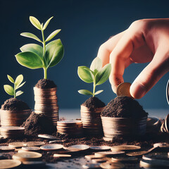 Hand putting coins with green seedling growing on pile of coins, business growth concept