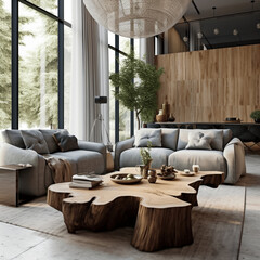 Couchtisch mit Live-Edge-Akzent zwischen zwei Sofas am Kamin, skandinavisches Innendesign eines modernen Wohnzimmers in einem Haus im Wald.