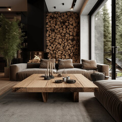 Couchtisch mit Live-Edge-Akzent zwischen zwei Sofas am Kamin, skandinavisches Innendesign eines modernen Wohnzimmers mit grossen hellen Fenstern in einem Haus im Wald.