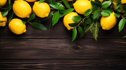 ripe yellow lemons set against a wooden table and adorned with Christmas tree branches, the composition in a rustic style with a flat lay presentation, ensuring there is ample copy space.