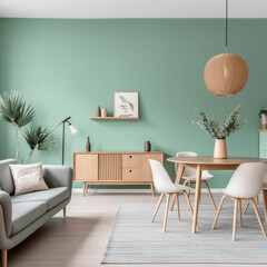 Mintfarbende Stühle am runden Esstisch aus Holz im Zimmer mit einem Sofa in der Nähe der grünen Wand. Skandinavisches Innendesign mit modernem Wohnzimmer
