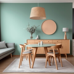Mintfarbende Stühle am runden Esstisch aus Holz im Zimmer mit einem Sofa in der Nähe der grünen Wand. Skandinavisches Innendesign mit modernem Wohnzimmer