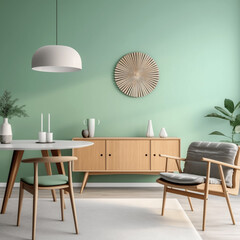 Mintfarbende Stühle am runden Esstisch aus Holz im Zimmer mit einem Sofa in der Nähe der grünen Wand. Skandinavisches Innendesign mit modernem Wohnzimmer