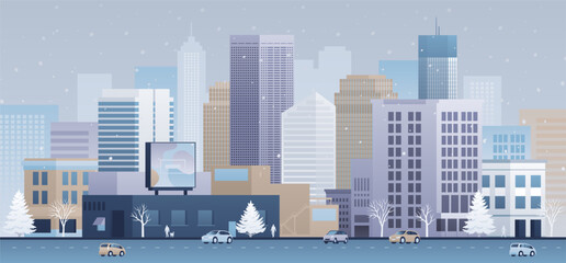 Vector illustration of winter downtown. Cartoon urban cityscape with stores, real estate and skyscrapers. Snowy city landscape with street traffic and advertising billboard.
