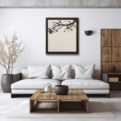 Quadratischer Couchtisch neben weißem Sofa und rustikale Schränke vor weißer Wand mit leeren Posterrahmen. Japanische Innenarchitektur eines modernen Wohnzimmers