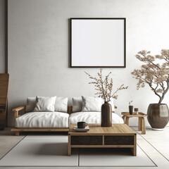 Quadratischer Couchtisch neben weißem Sofa und rustikale Schränke vor weißer Wand mit leeren Posterrahmen. Japanische Innenarchitektur eines modernen Wohnzimmers