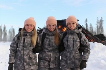 Fototapeta premium Happy group of female tourists enjoying winter scenery around a roaring campfire in the forest
