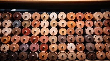 various rolls of natural color leather, neatly displayed on a rack, the materials in a way that enhances their tactile qualities and invites creativity.