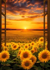 Rolgordijnen a sunflowers field with a sunset © Cornilov