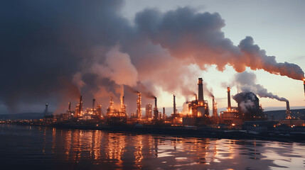  Imagen de instalaciones de una industria química contaminando el aire - obrazy, fototapety, plakaty