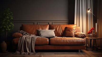 a room with a brown eco-leather couch, soft cushions, and a knitted white blanket, the inviting elements of modern living room design