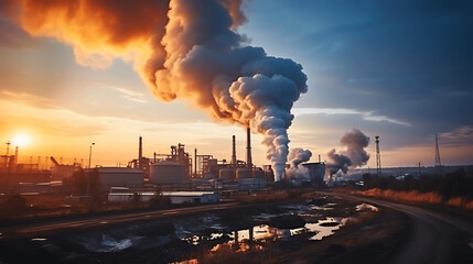 Imagen de instalaciones de una industria química contaminando el aire - obrazy, fototapety, plakaty