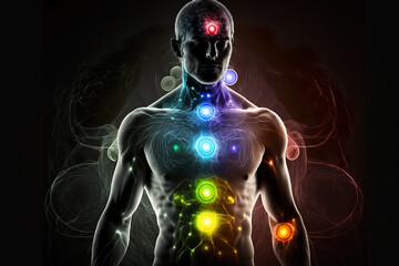 Esoteric chakras and kundalini energy glowing in man silhouette. Person and space magical light on dark background. Concept of yoga, sport, aura, body, universe, power and health - obrazy, fototapety, plakaty