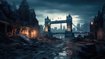 Post apocalypses view of London, destroyed city street at night. Futuristic apocalyptic fiction view of buildings ruins and rubbles. Concept of war, destruction, uk, england, background