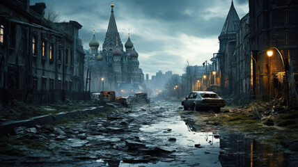 Post apocalypses view of Moscow, destroyed city street at dusk. Futuristic apocalyptic scenery of buildings ruins, rubbles in twilight. Concept of war, destruction, dystopia, future
