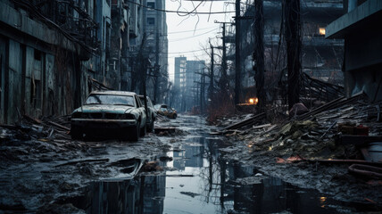 Post apocalypses view of destroyed city in twilight. Futuristic apocalyptic view of street, buildings ruins and rubbles. Concept of war, destruction, background, future, dystopia
