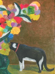 Gordijnen cat and flowers. acrylic painting. illustration © Anna Ismagilova