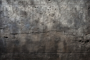 Damaged dark granite wall with Ancient Egyptian hieroglyphs, hieroglyphic writing of Egypt, texture background. Inscription as artifact of past civilization. Mystery, sign, old history - obrazy, fototapety, plakaty
