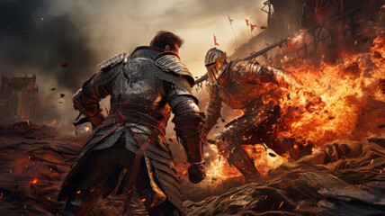 Medieval warriors besiege fortress, burning knight runs away. Dramatic scene with soldiers in iron armor, fire and smoke during siege castle. Concept of war, battle, history