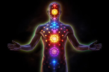 Astral space energy and chakras in athlete man silhouette, magical esoteric view. Person and colorful light on dark background. Concept of yoga, sport, aura, body and health