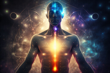 Fototapeta premium Esoteric energy and chakras in man silhouette, front view. Person and magical light on dark space background. Concept of yoga, aura, body, universe, fantasy and health