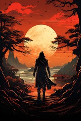 Samurai glancing at the battlefield. Generative AI.