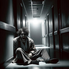 humain homme assis dans le couloir d'un asile ou hôpital avec un problème mental - obrazy, fototapety, plakaty