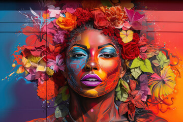 A colorful mural depicting the global fight against HIV/AIDS. Concept of art as a medium for awareness. Generative Ai.