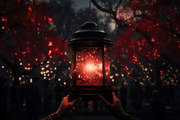 A person lighting a red lantern in memory of those lost to AIDS. Concept of hope and commemoration....