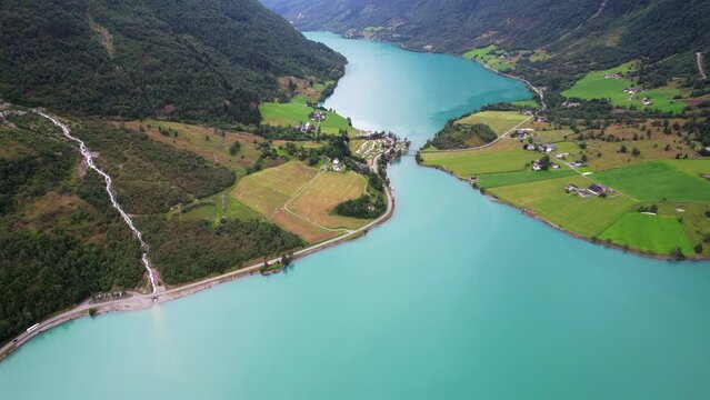 Aerial view above the impressive fjords and lakes of Oldevatnett Norway during the summertime