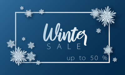Fototapeta na wymiar Merry christmas card banner frame with paper cut snowflakes. 3D illustration on blue colored background for presentation, banner, cover, web, flyer, card, sale, poster, slide and social media.