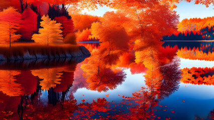 A tranquil lake nestled amid a kaleidoscope of fiery orange and crimson autumn trees, their vibrant hues delicately mirrored on the glassy surface of the water