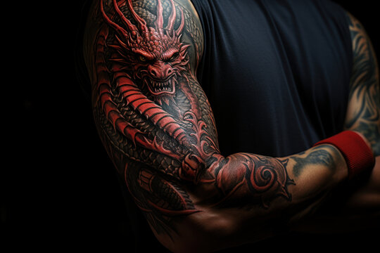 A dragon tattoo coiled around a person's arm, a symbol of strength and resilience. Concept of body art and symbolism. Generative Ai.