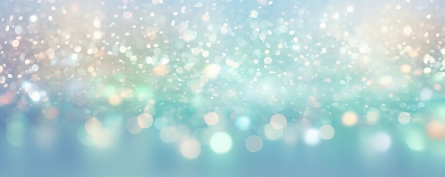 White and soft teal glitters with shiny sparkles background. Defocused abstract Christmas/New Year lights on background. AI image, digital design.