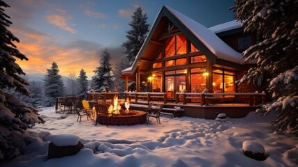 A cabin with a fire pit in the snow - Powered by Adobe