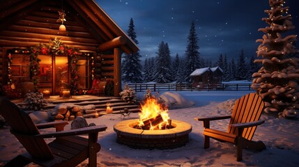 A fire pit in front of a log cabin