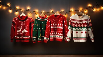 A row of ugly ugly sweaters hanging on a string