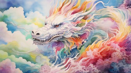 A watercolor painting of a dragon in the clouds