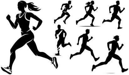  Vector silhouettes of people running - obrazy, fototapety, plakaty