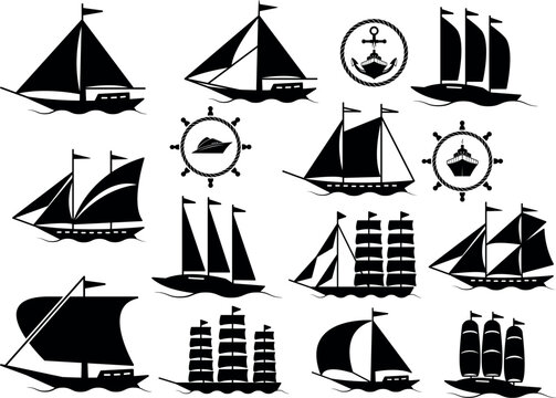 Ship and marine boat black silhouette set with Boat Wheel, Black hand drawn Vector illustration.