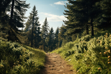 Fototapeta premium The invigorating wind on a hiking trail, infused with the scent of pine trees and the promise of outdoor adventure. Concept of woodland vitality. Generative Ai.