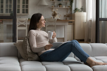 Peaceful beautiful woman spend leisure alone, relaxing seated on cozy couch drink tea or morning coffee reading interesting book enjoy favourite literature at home. Free time, pastime, hobby concept