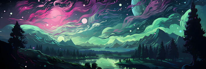 drawing Starry Night Sky in green and pink colors