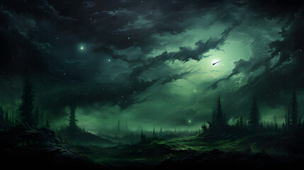 oil painting Starry Night Sky in green and black colors