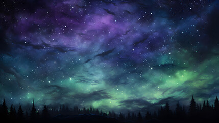 oil painting Starry Night Sky in green and purple colors