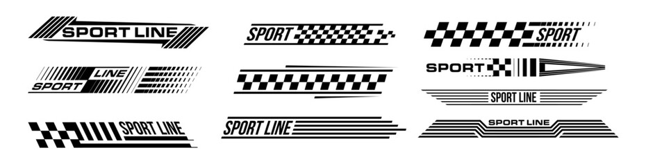Racing stripes geometric lines design racing car hood sticker, dynamic arrow shapes and lines background for sporting event. racing start and finish flag. vector illustration template for motorsports - obrazy, fototapety, plakaty